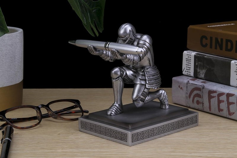 Amoysanli Knight Pen Holder Desk Organizers and Accessories Desk Decor Resin Pen Holder as Gift with a Cool Pen for Office and Home (Silver) - Image 5